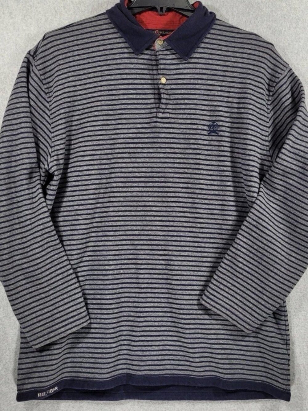 Vintage Tommy Hilfiger Rugby Polo Shirt Mens Lg Logo Grey Blue 90s Y2K